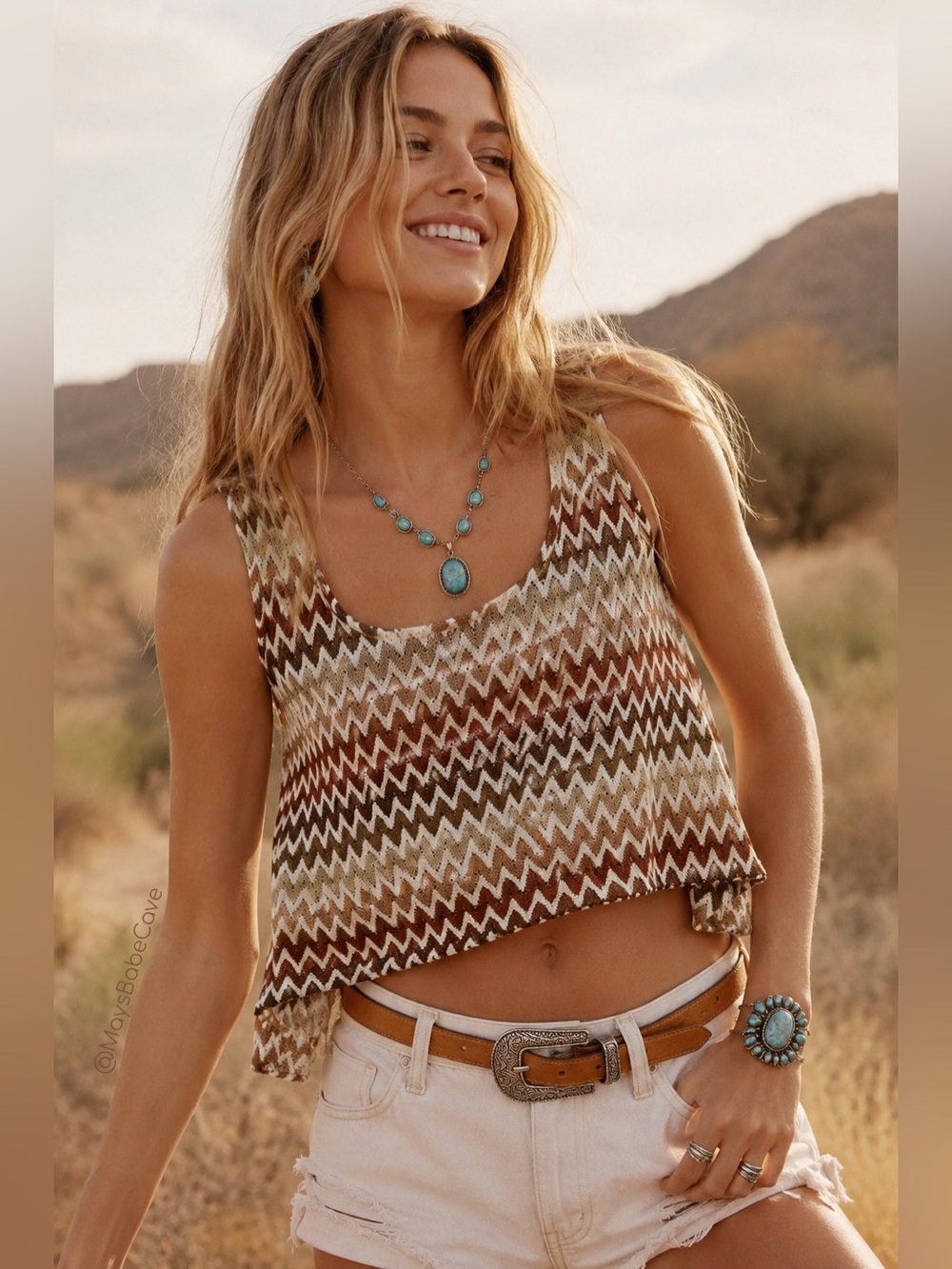 Show Me Your Mumu Chevron Crochet Knit Swing Tank Top Brown Cream Medium - Picture 2 of 15